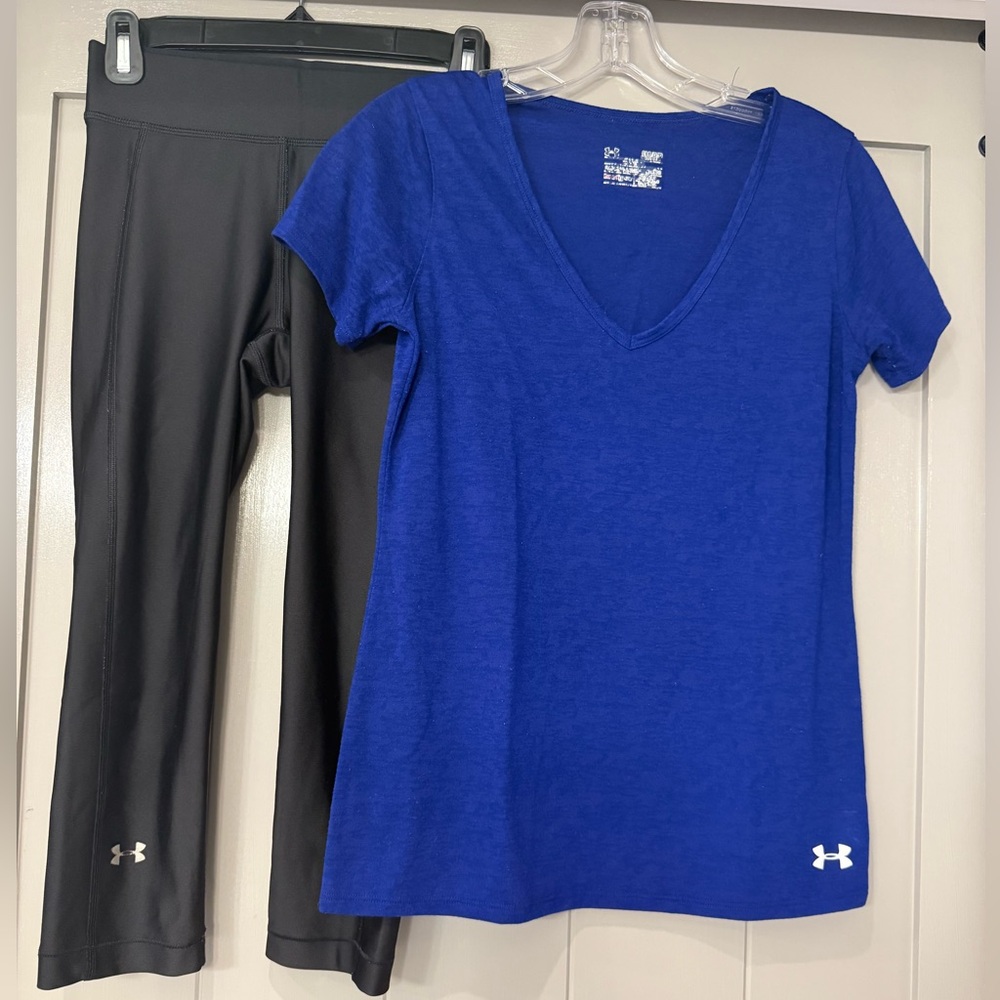 Under‎ Armour Womens Blue V-Neck Tee and Black Compression Capri Leggings Set SM